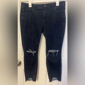 Free People Dark Wash Jeans Sz 31 Actual 33x25 Stretch Crop Ripped Raw H…
